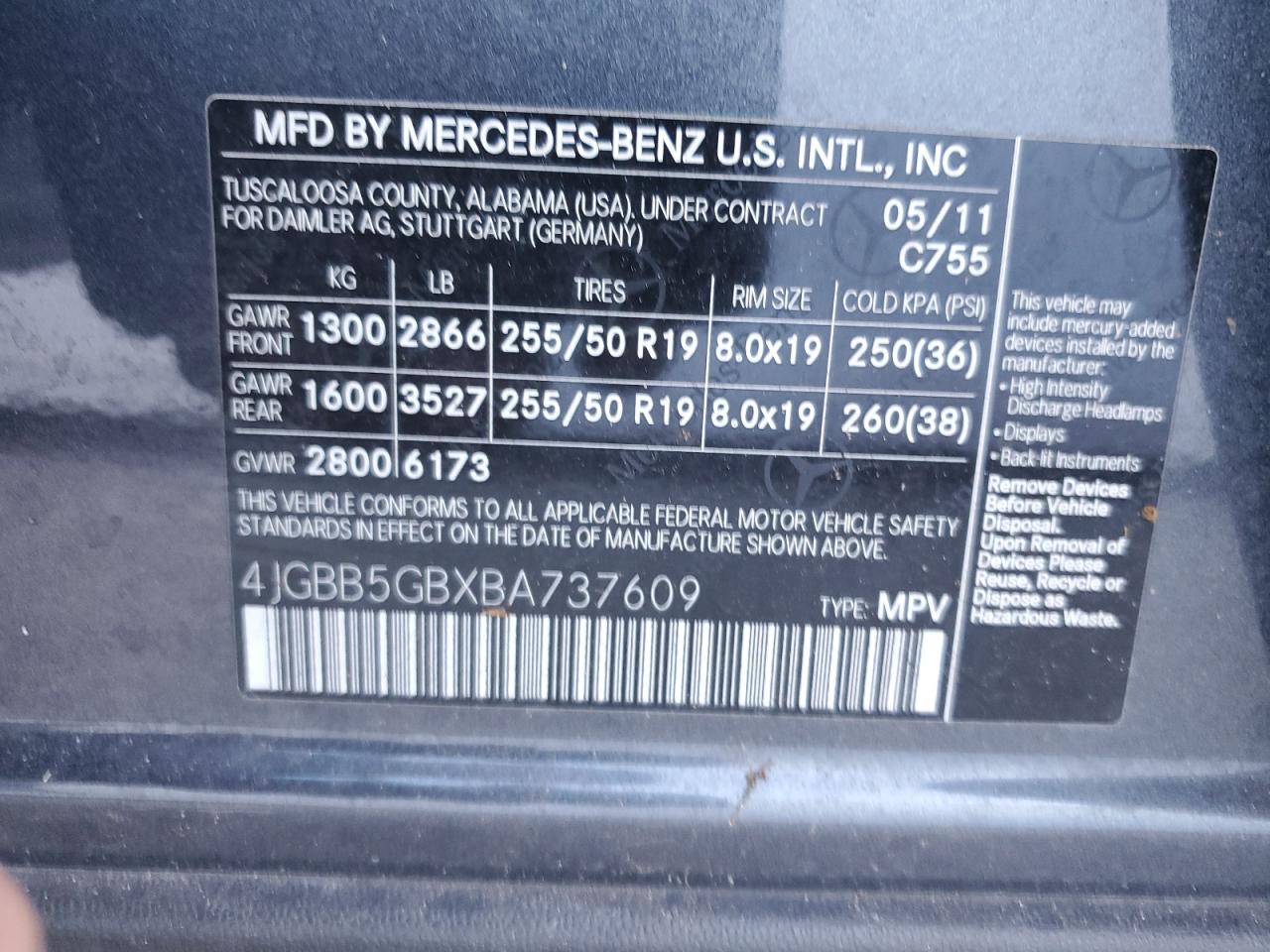 4JGBB5GBXBA737609 2011 Mercedes-Benz Ml 350