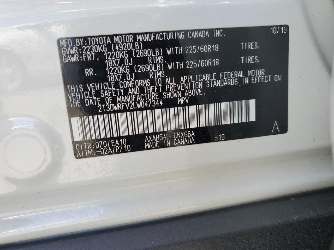 2T3DWRFV2LW047344 2020 Toyota Rav4 Limited