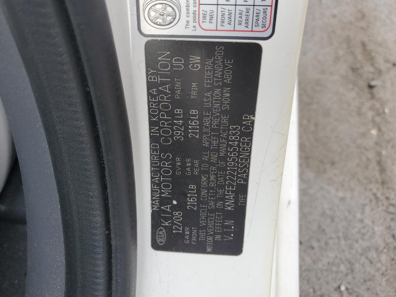 KNAFE222195654833 2009 Kia Spectra Ex