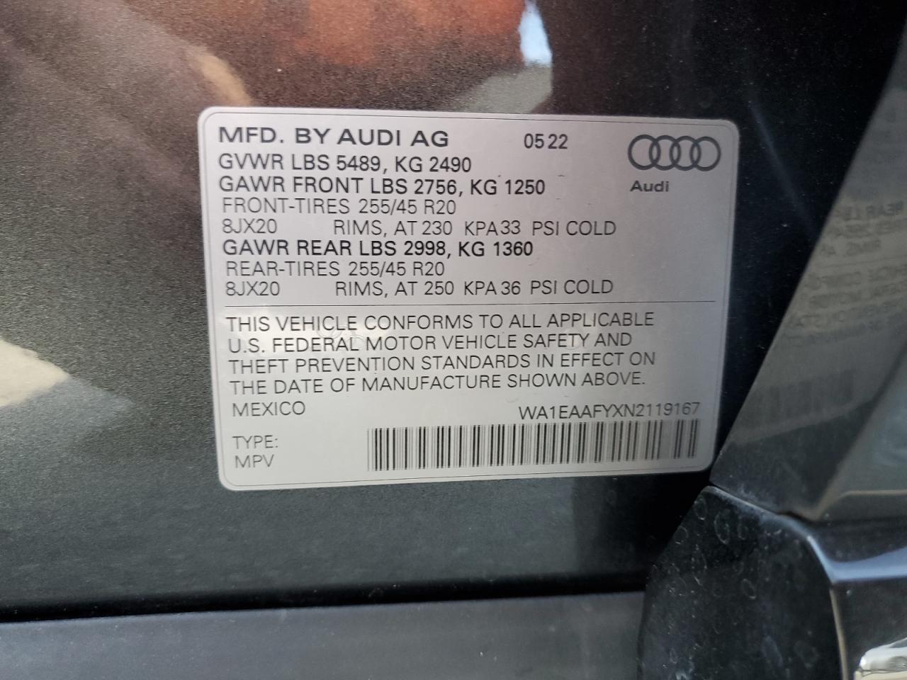 WA1EAAFYXN2119167 2022 Audi Q5 Premium Plus 45