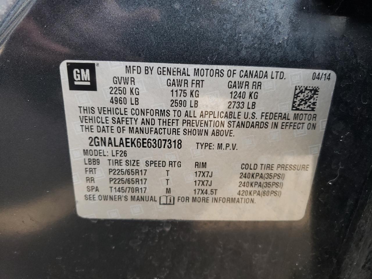 2GNALAEK6E6307318 2014 Chevrolet Equinox Ls