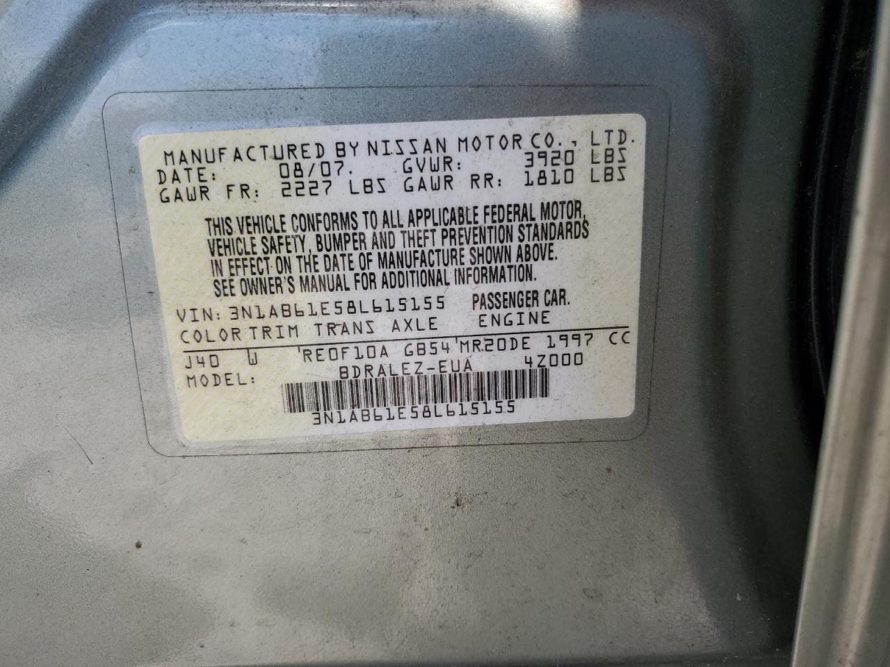 3N1AB61E58L615155 2008 Nissan Sentra 2.0