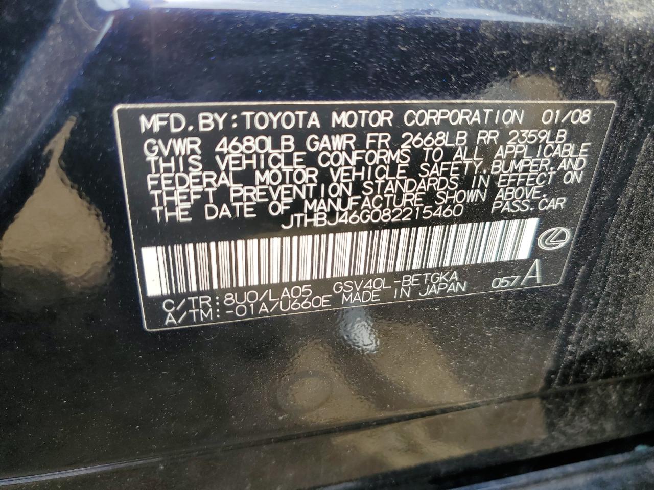 JTHBJ46G082215460 2008 Lexus Es 350