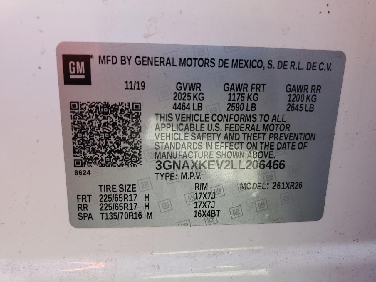 3GNAXKEV2LL206466 2020 Chevrolet Equinox Lt