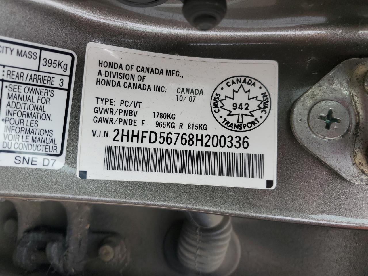 2HHFD56768H200336 2008 Acura Csx Technology