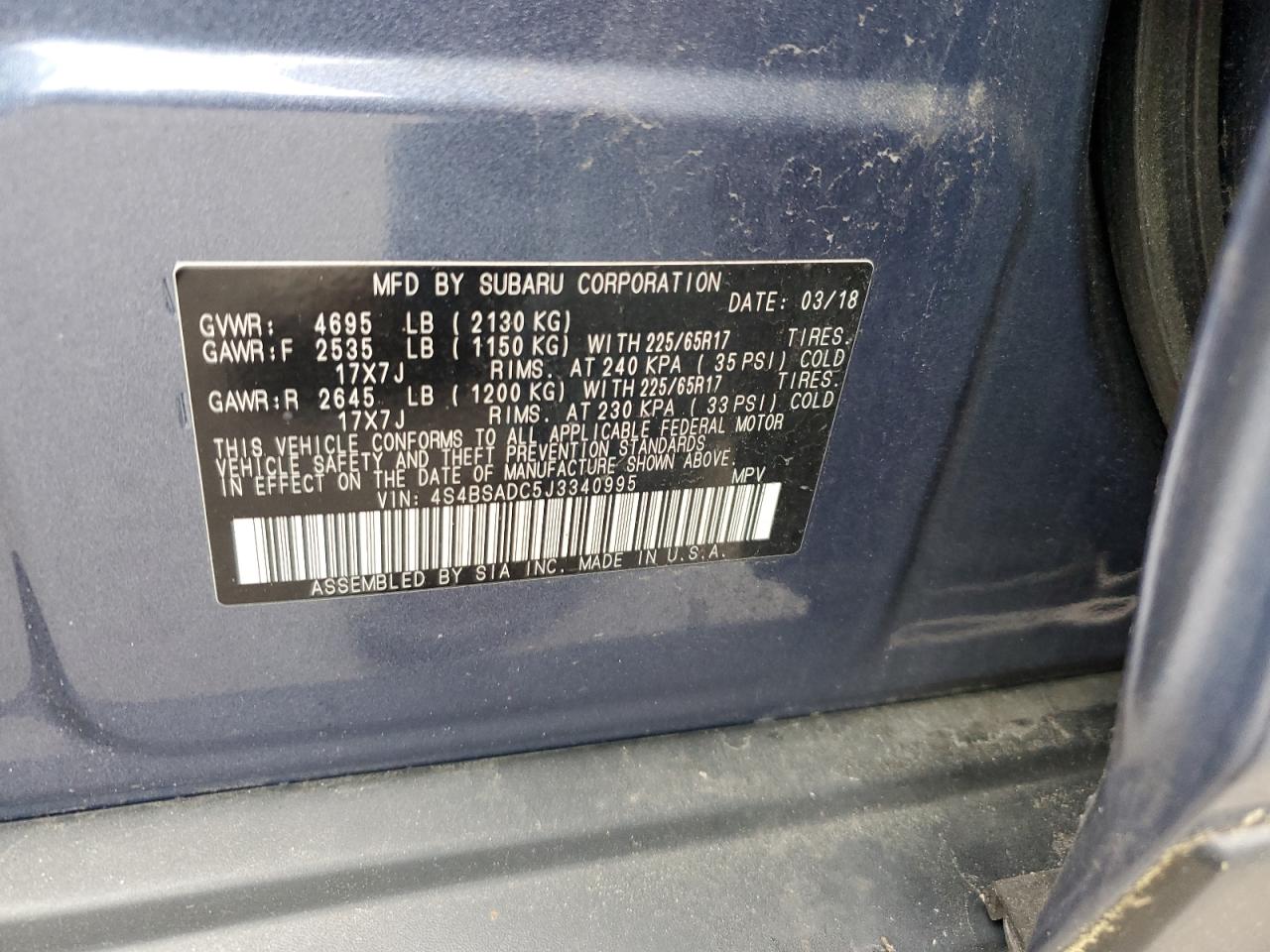 4S4BSADC5J3340995 2018 Subaru Outback 2.5I Premium