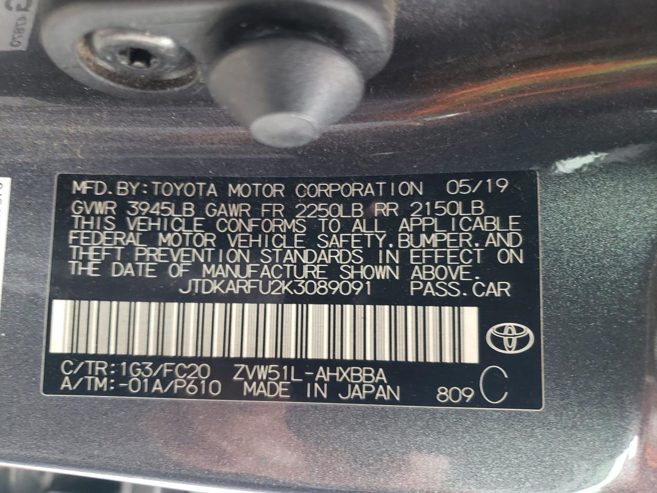 JTDKARFU2K3089091 2019 Toyota Prius