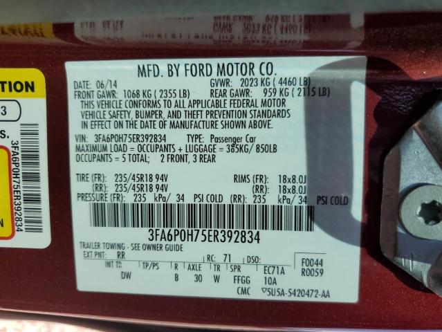 2014 Ford Fusion Se VIN: 3FA6P0H75ER392834 Lot: 53760114