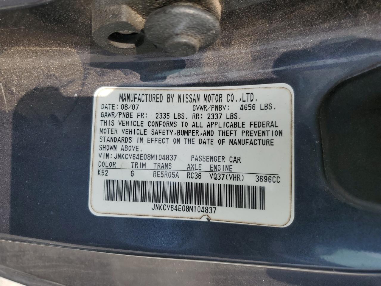 JNKCV64E08M104837 2008 Infiniti G37 Base