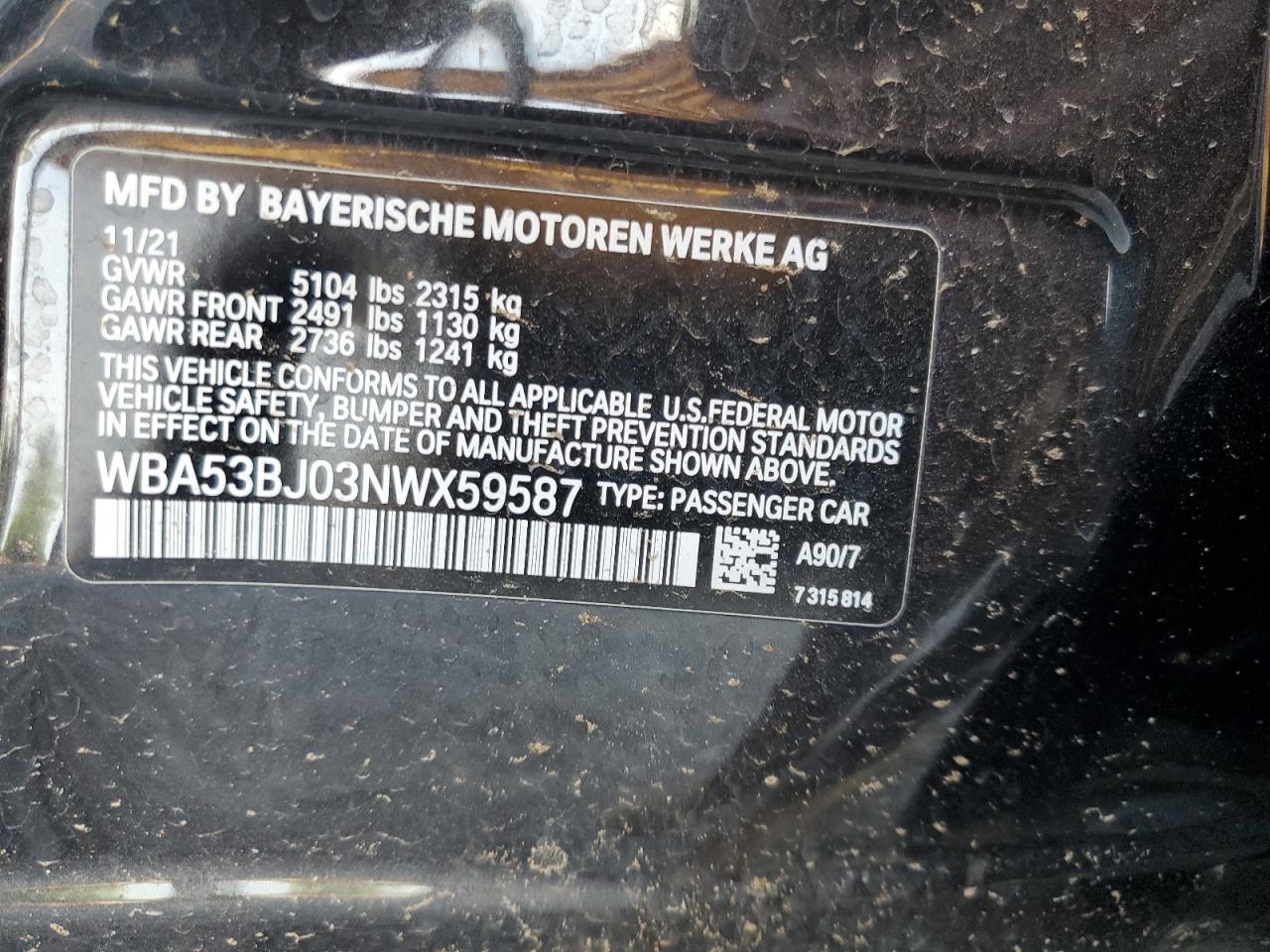 WBA53BJ03NWX59587 2022 BMW 540 I