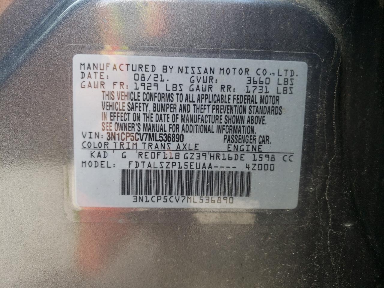 3N1CP5CV7ML536890 2021 Nissan Kicks Sv