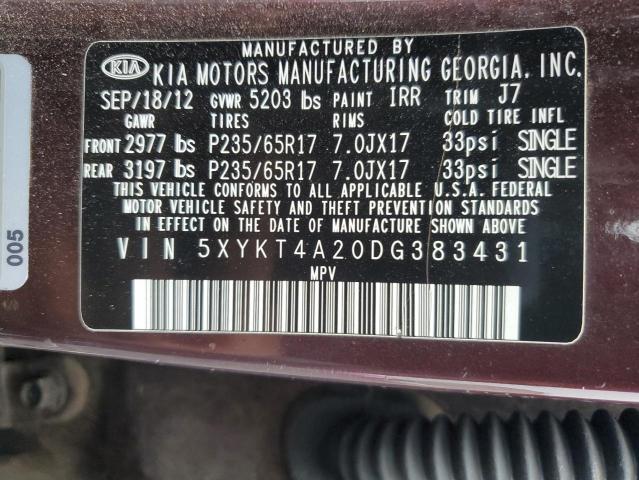 2013 Kia Sorento Lx VIN: 5XYKT4A20DG383431 Lot: 54749984