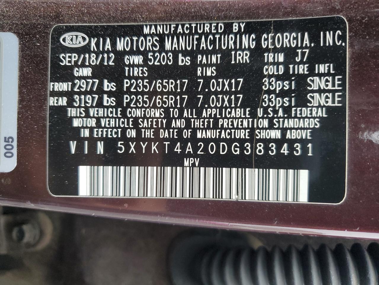 5XYKT4A20DG383431 2013 Kia Sorento Lx