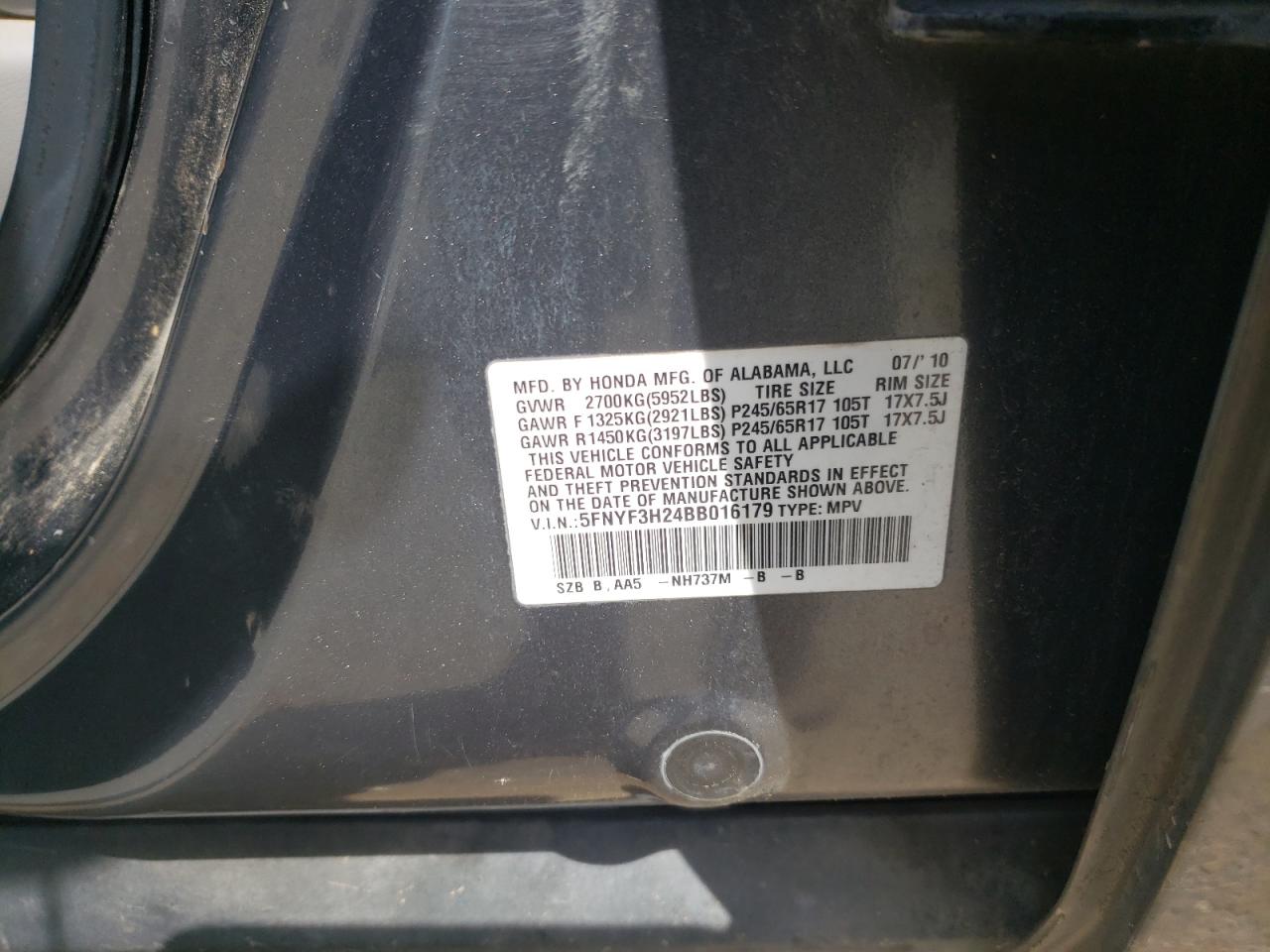 5FNYF3H24BB016179 2011 Honda Pilot Lx