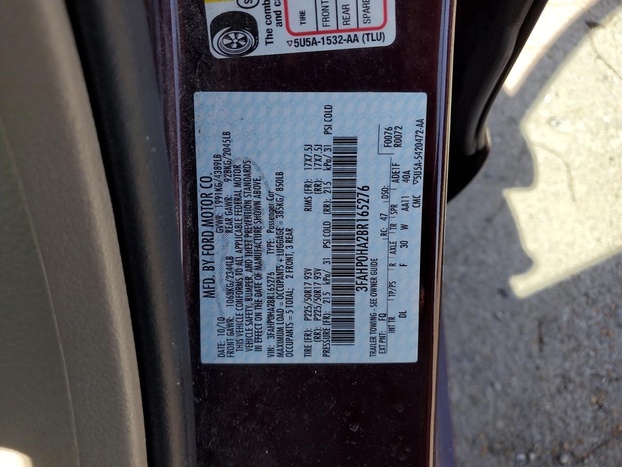 3FAHP0HA2BR165276 2011 Ford Fusion Se