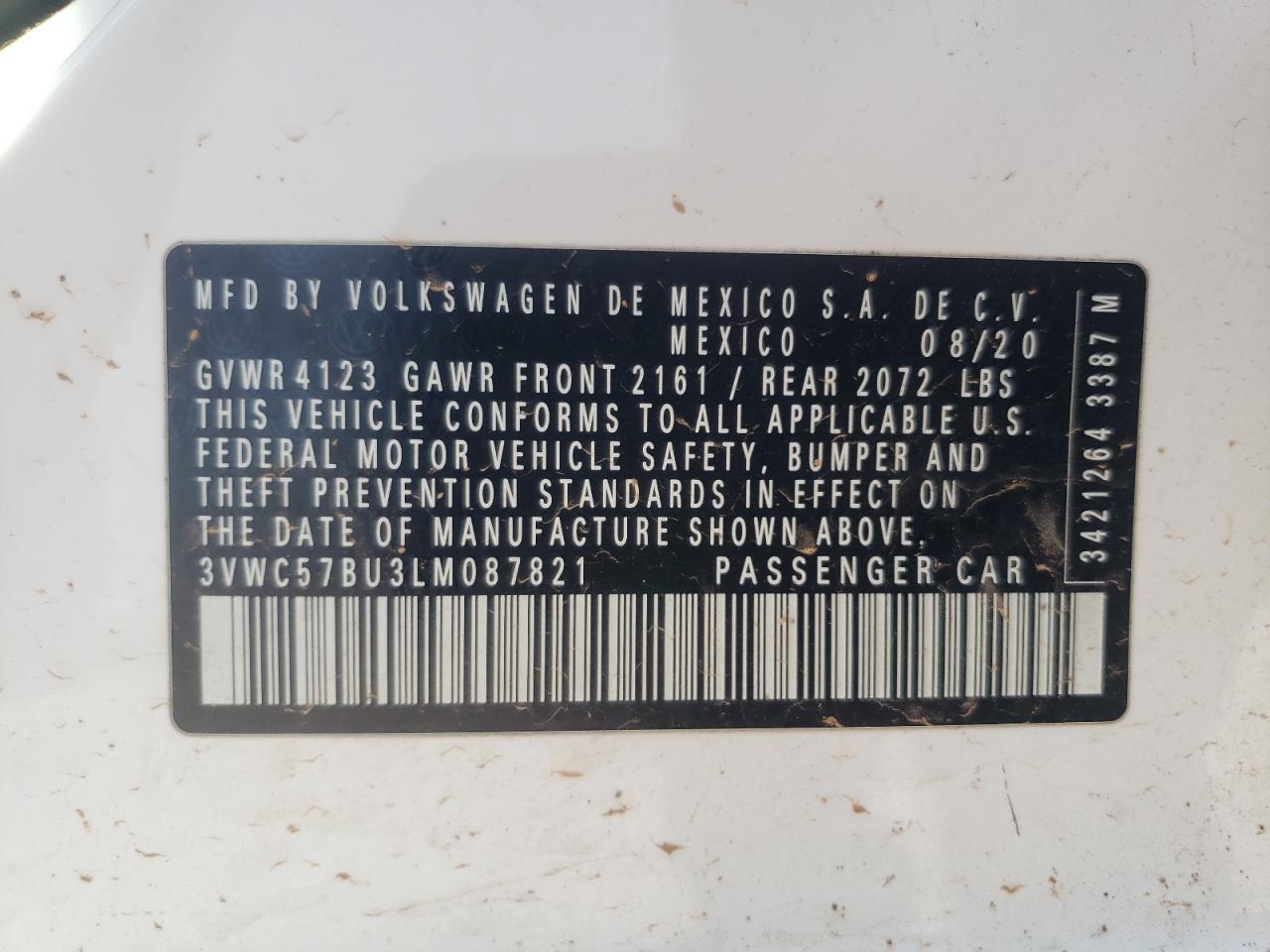 3VWC57BU3LM087821 2020 Volkswagen Jetta S