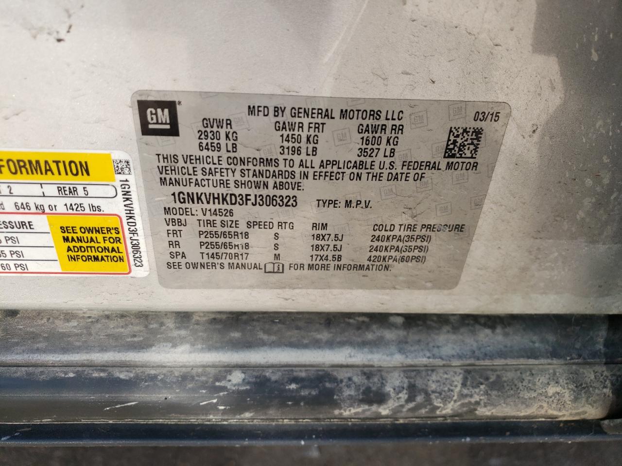 1GNKVHKD3FJ306323 2015 Chevrolet Traverse Lt