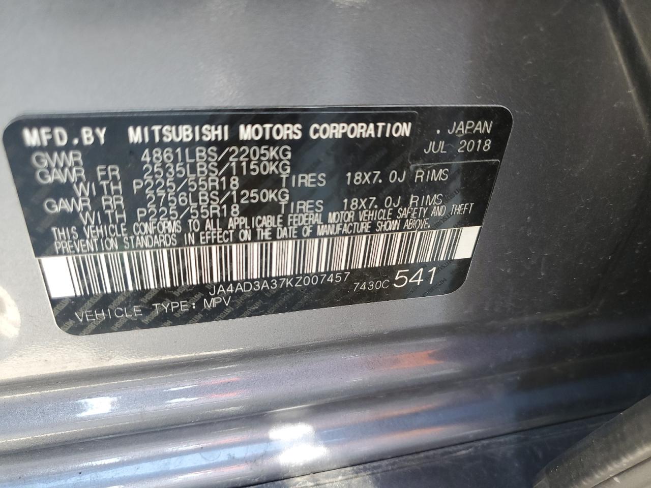 JA4AD3A37KZ007457 2019 Mitsubishi Outlander Se