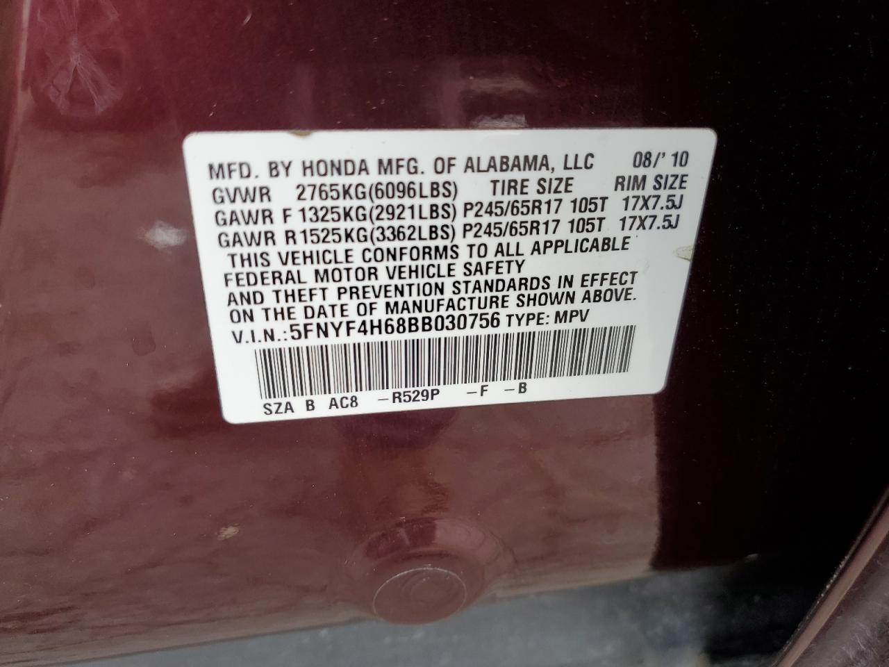 5FNYF4H68BB030756 2011 Honda Pilot Exl