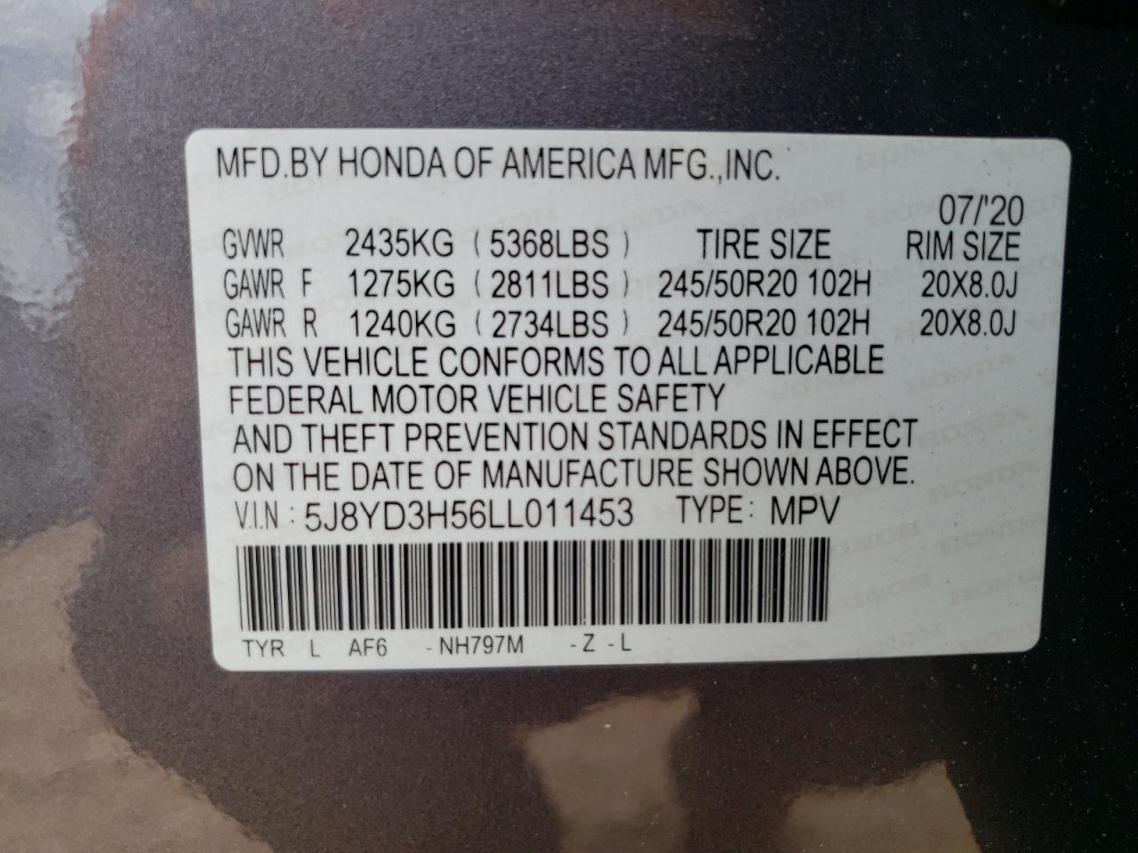 5J8YD3H56LL011453 2020 Acura Mdx Technology