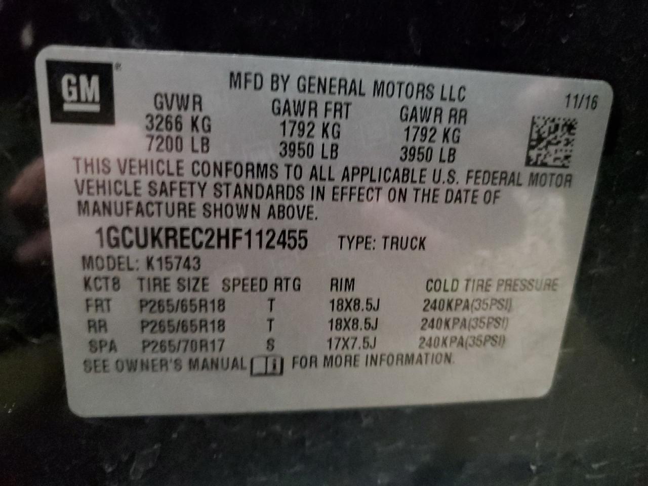 1GCUKREC2HF112455 2017 Chevrolet Silverado K1500 Lt