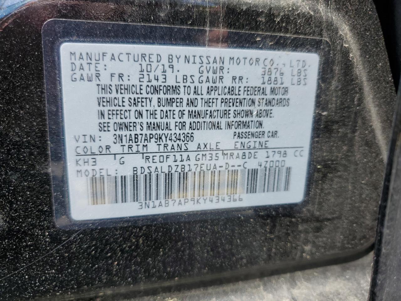 3N1AB7AP9KY434366 2019 Nissan Sentra S