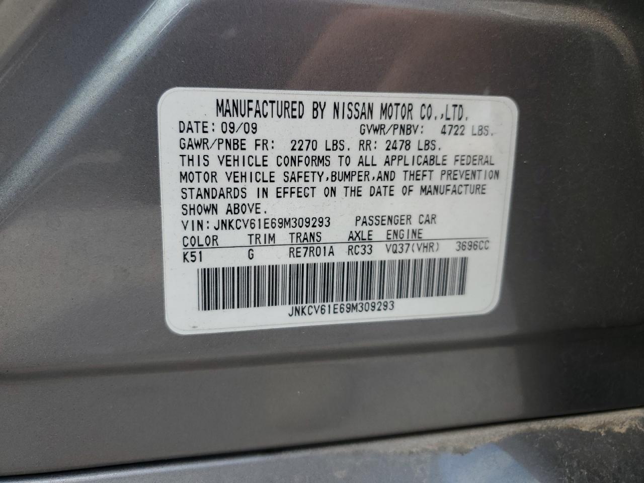 JNKCV61E69M309293 2009 Infiniti G37 Base