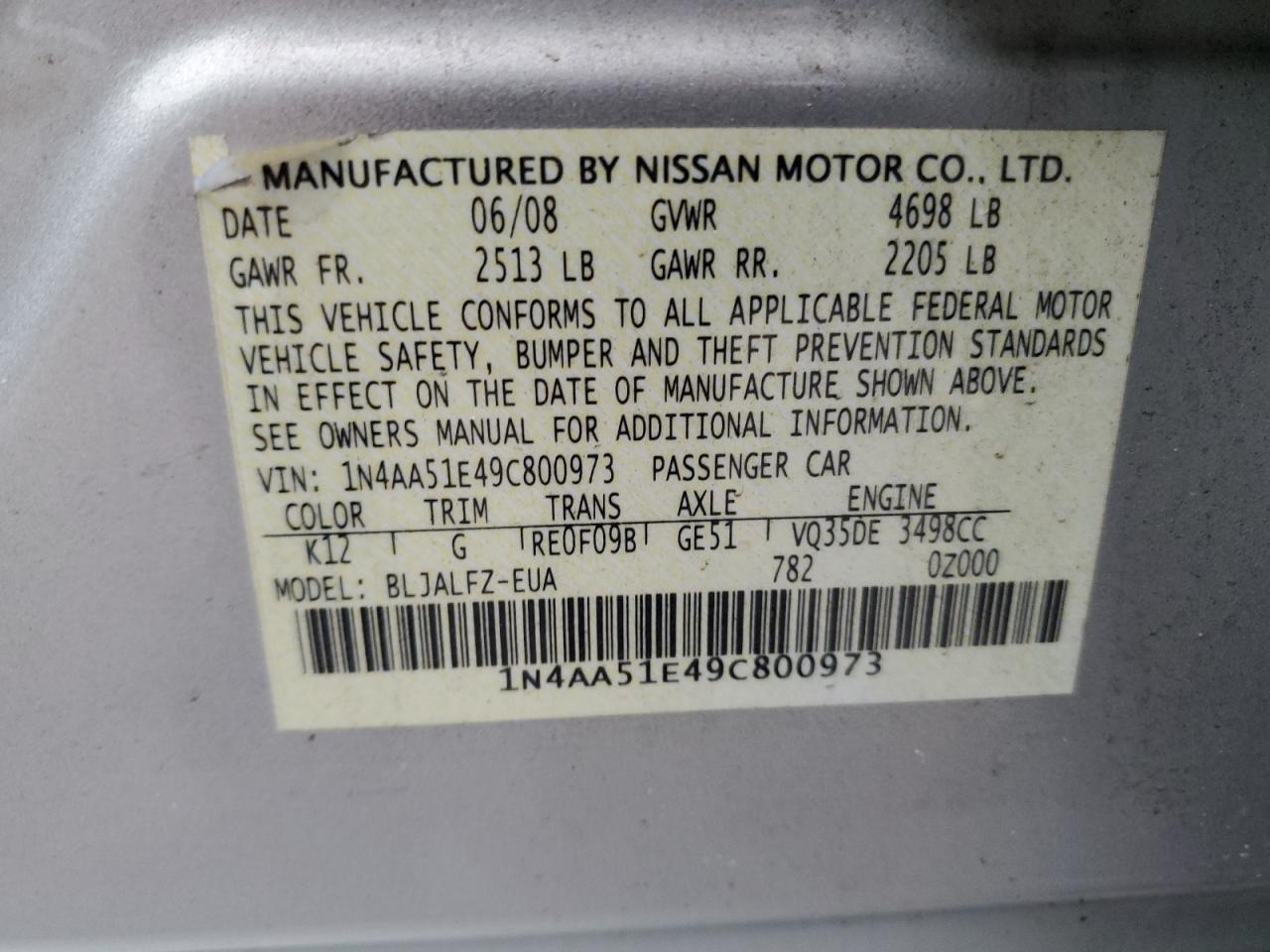 1N4AA51E49C800973 2009 Nissan Maxima S