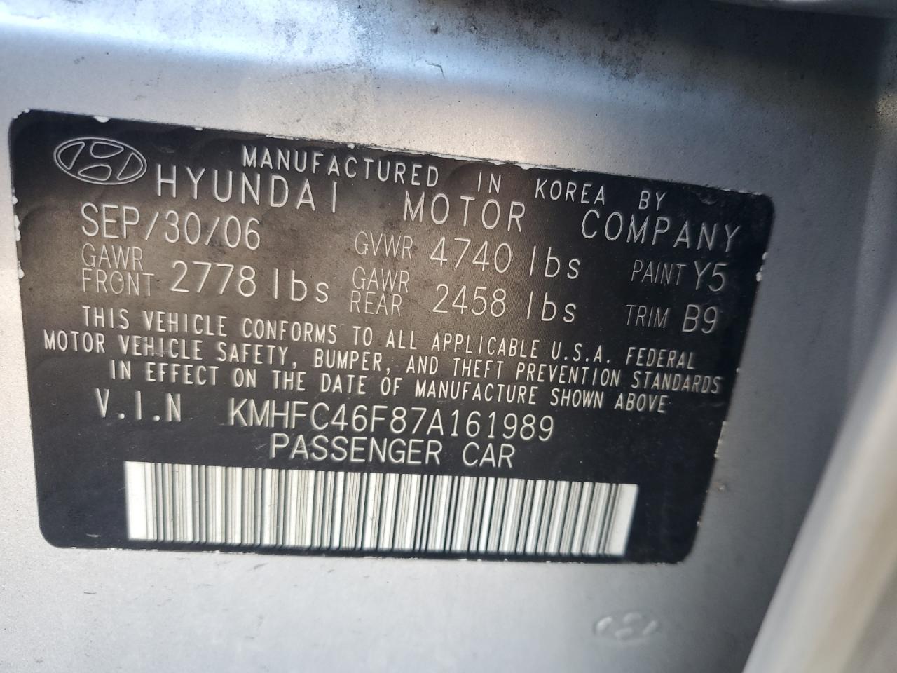 KMHFC46F87A161989 2007 Hyundai Azera Se