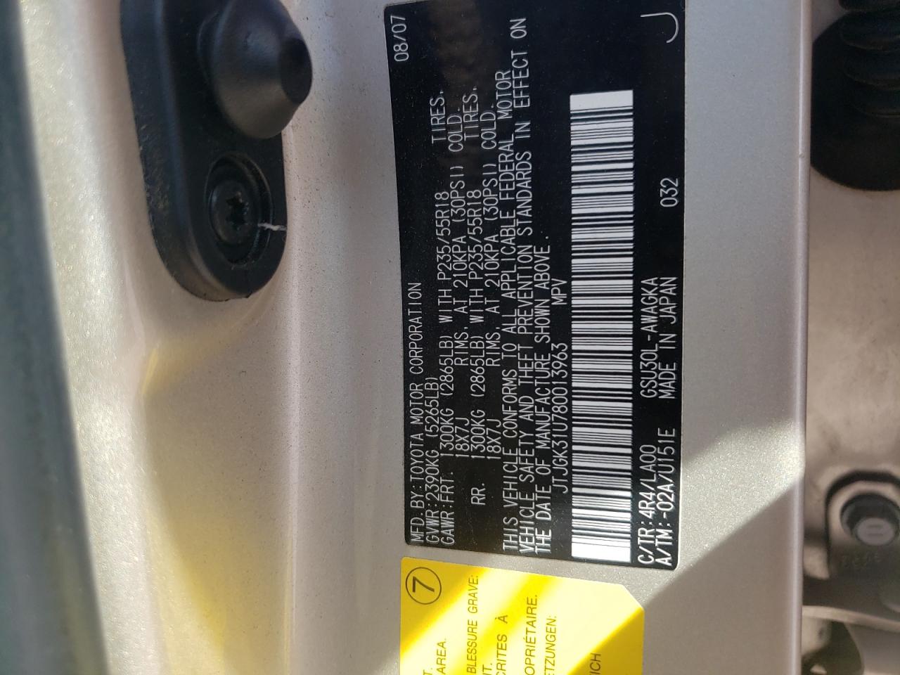 JTJGK31U780013963 2008 Lexus Rx 350