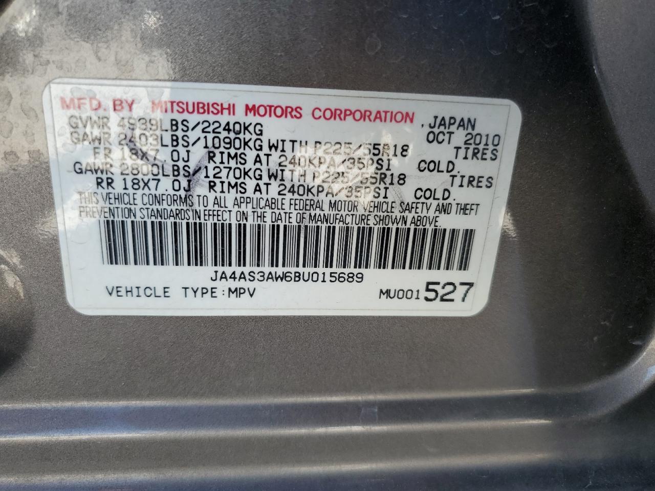 JA4AS3AW6BU015689 2011 Mitsubishi Outlander Se