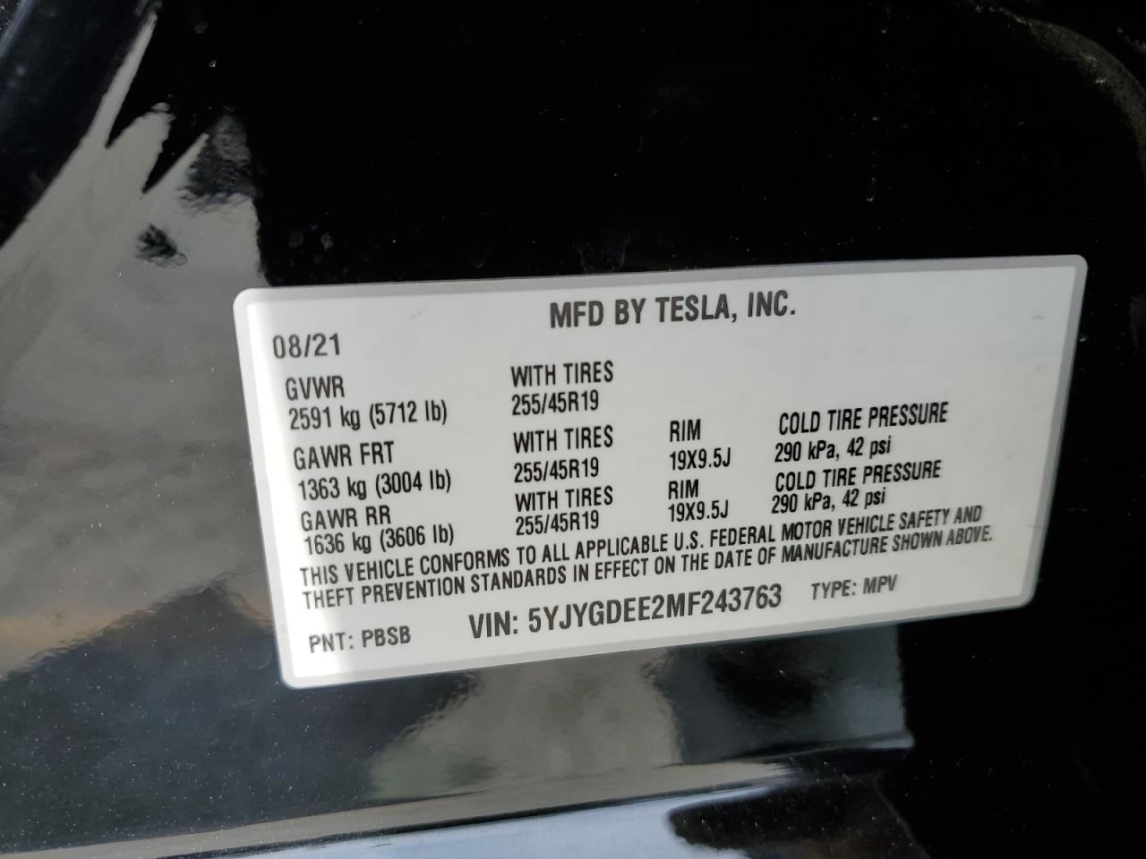 5YJYGDEE2MF243763 2021 Tesla Model Y