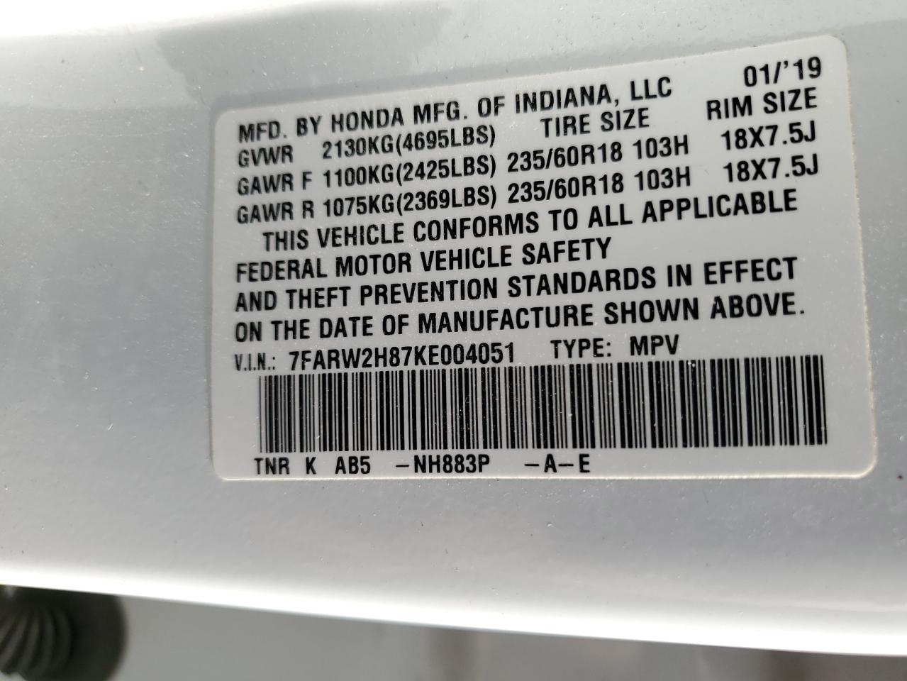 7FARW2H87KE004051 2019 Honda Cr-V Exl