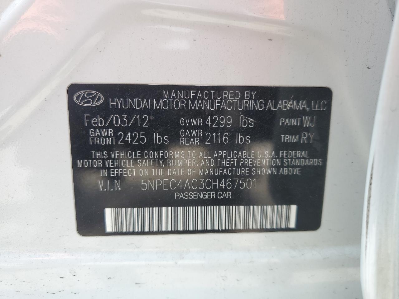 5NPEC4AC3CH467501 2012 Hyundai Sonata Se