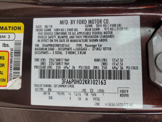 2019 Ford Fusion Se VIN: 3FA6P0HD2KR102163 Lot: 55229394