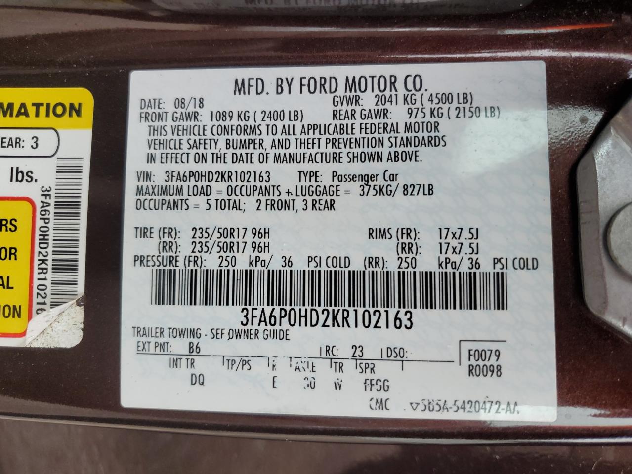 3FA6P0HD2KR102163 2019 Ford Fusion Se