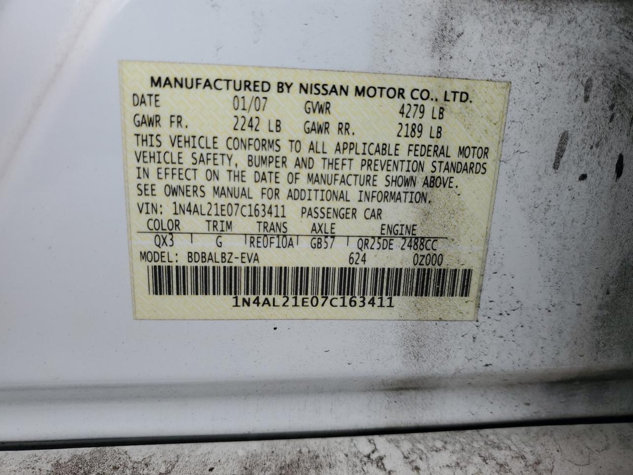 1N4AL21E07C163411 2007 Nissan Altima 2.5