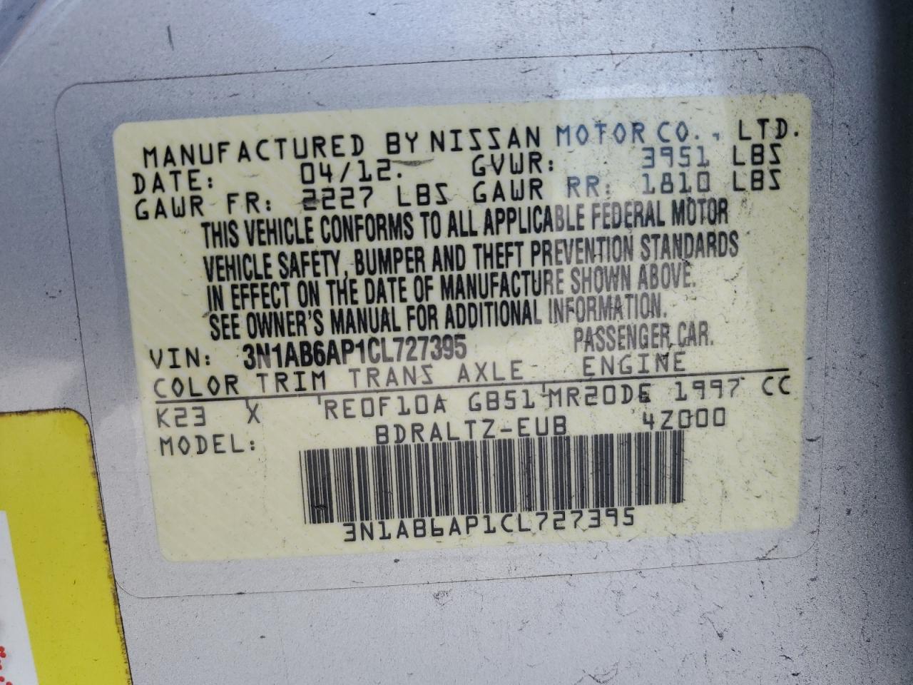 3N1AB6AP1CL727395 2012 Nissan Sentra 2.0