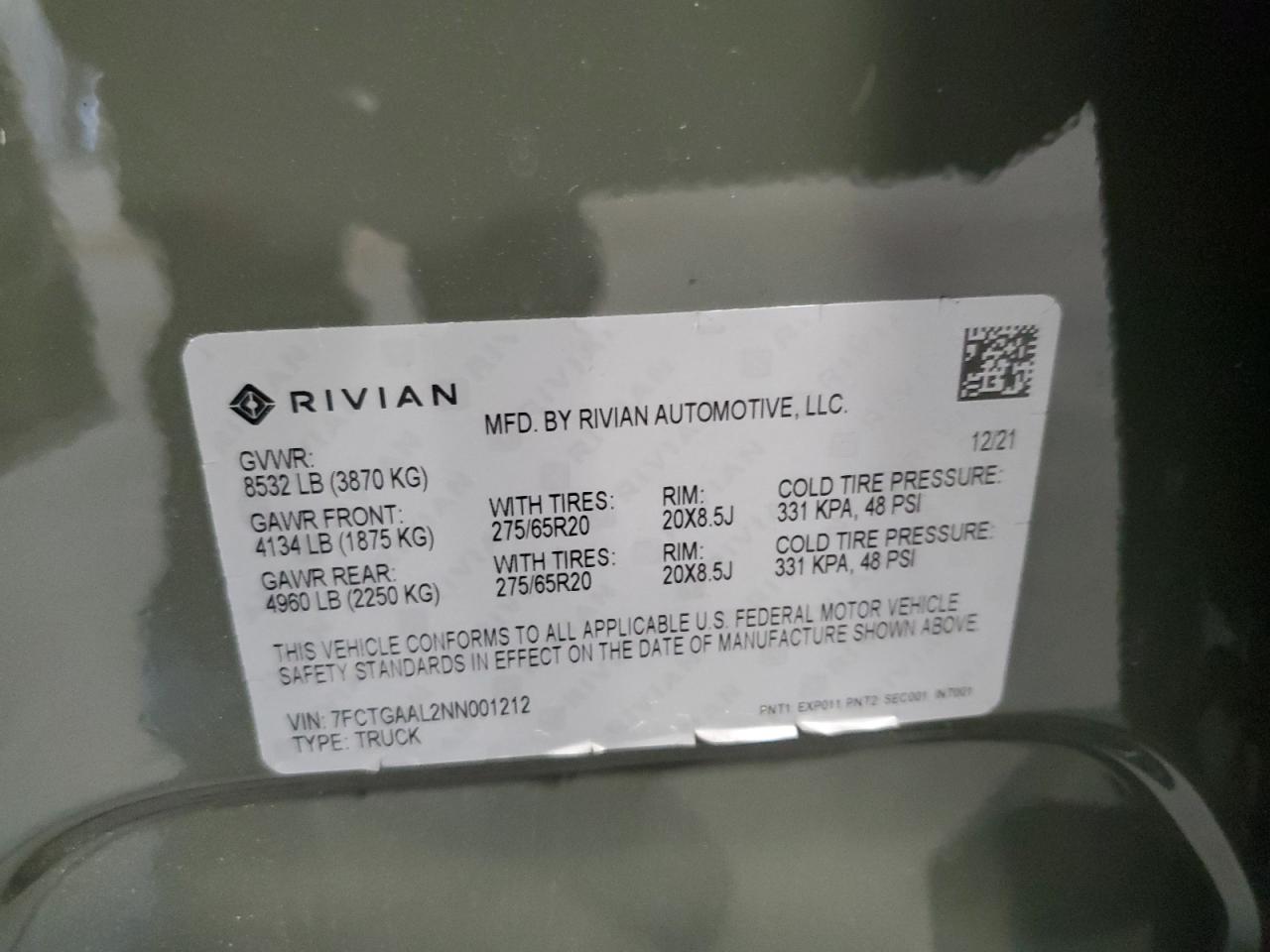 2022 Rivian R1T Launch Edition vin: 7FCTGAAL2NN001212
