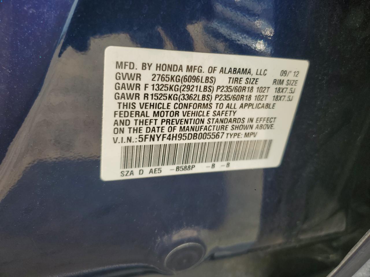 5FNYF4H95DB005567 2013 Honda Pilot Touring