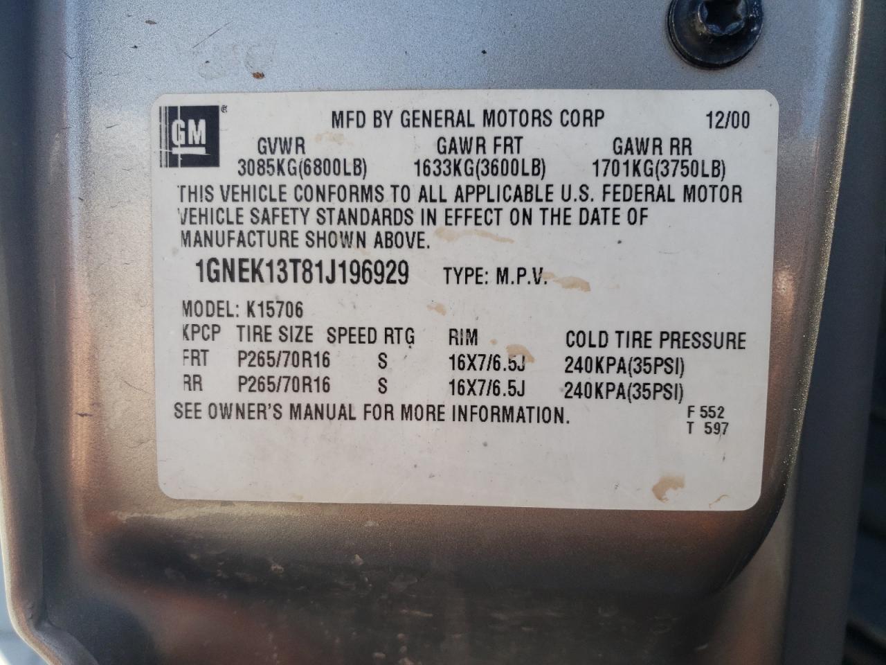 1GNEK13T81J196929 2001 Chevrolet Tahoe K1500