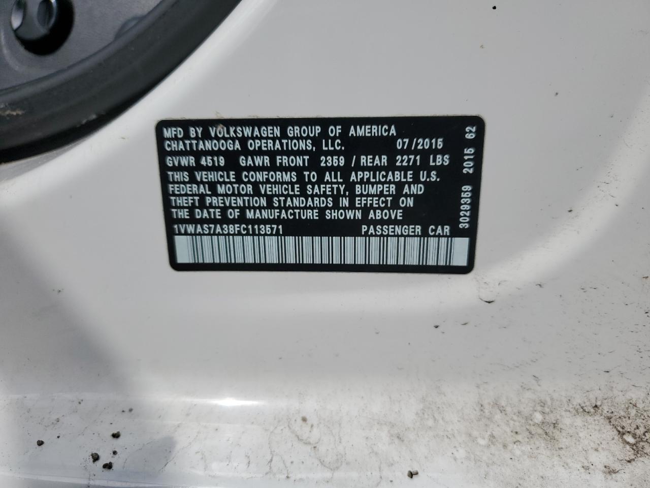 1VWAS7A38FC113571 2015 Volkswagen Passat S
