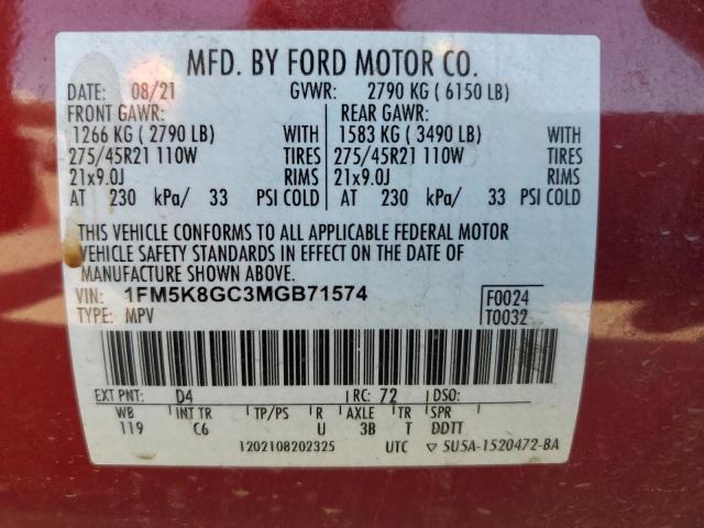 2021 Ford Explorer St VIN: 1FM5K8GC3MGB71574 Lot: 54952994