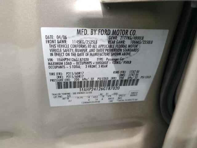 2006 Ford Five Hundred Sel VIN: 1FAHP24126G187020 Lot: 53818694