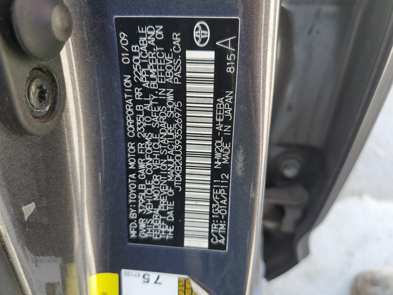 JTDKB20U393526975 2009 Toyota Prius