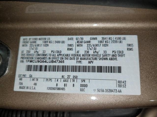 2020 Ford Escape Se VIN: 1FMCU9G64LUB47365 Lot: 55254854