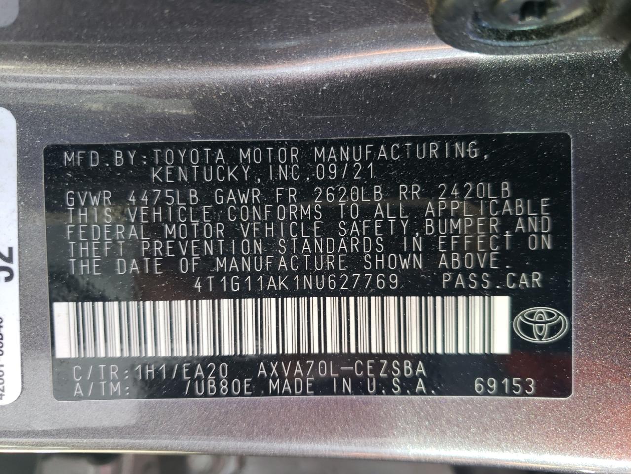 4T1G11AK1NU627769 2022 Toyota Camry Se