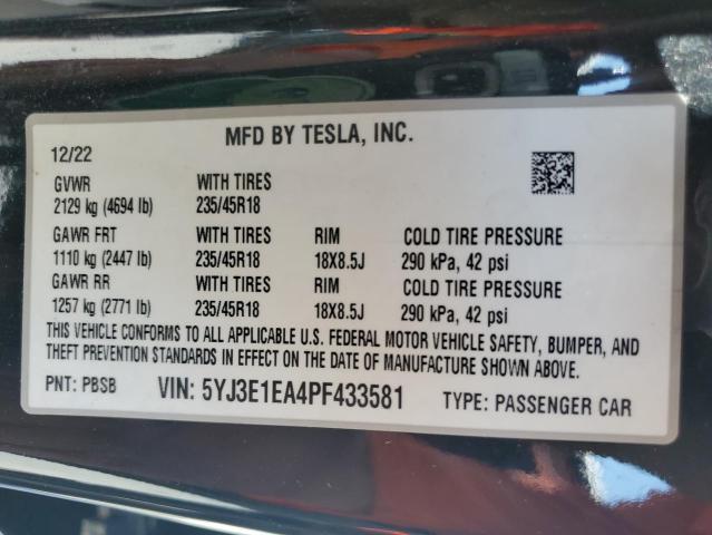 2023 TESLA MODEL 3 - 5YJ3E1EA4PF433581