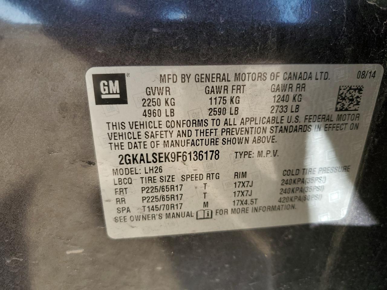 2GKALSEK9F6136178 2015 GMC Terrain Slt