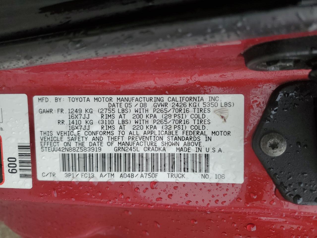 5TEUU42N88Z583919 2008 Toyota Tacoma Access Cab